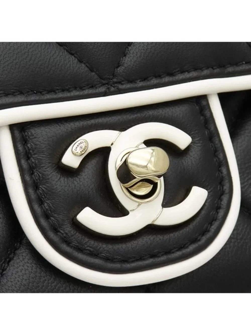 Chanel Shoulder Bag Mini Flap Lambskin Black White Champagne Gold Bicolor